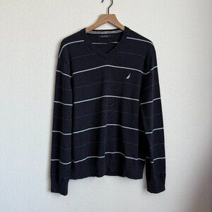 NAUTICA Men's Striped Knit Logo Pullover Sweater LARGE V Neck Blue Sweatshirt